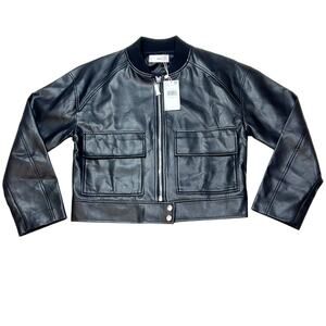 MNG Mango Black Faux Leather Jacket Women Small Black Short Patch Pockets New